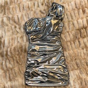 bebe Silver Metallic One-Shoulder Ruched Mini Dress